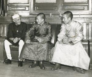 Prime Minister Jawaharlal Nehru in conversation with the Dalai Lama (centre) and Panchen Lama at a party hosted by Chinese Premier Zhou Enlai in Beijing on October 19, 1954. Photo:The Hindu Archives